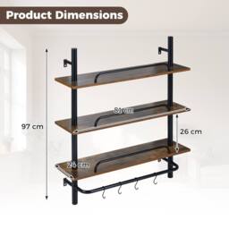 Costway 3-Tier Floating Display Shelves Wall Mounted Shelving w/4 Hooks in Dark Brown - thumbnail 3