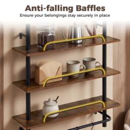 Costway 3-Tier Floating Display Shelves Wall Mounted Shelving w/4 Hooks in Dark Brown - thumbnail 6