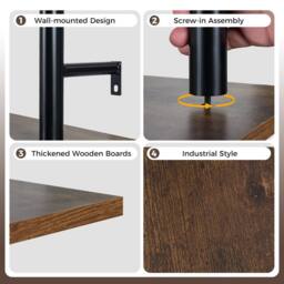 Costway 3-Tier Floating Display Shelves Wall Mounted Shelving w/4 Hooks in Dark Brown - thumbnail 5