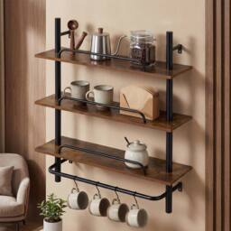 Costway 3-Tier Floating Display Shelves Wall Mounted Shelving w/4 Hooks in Dark Brown - thumbnail 2