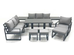 Fimous Outdoor Garden Furniture Set Aluminium Lounge Sofa Adjustable Rising Lifting Dining Table Sets with 3 Footstools 2 Side Tables Dark Grey - thumbnail 2