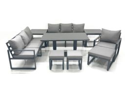 Fimous Outdoor Garden Furniture Set Aluminium Lounge Sofa Adjustable Rising Lifting Dining Table Sets with 3 Footstools 2 Side Tables Dark Grey - thumbnail 1
