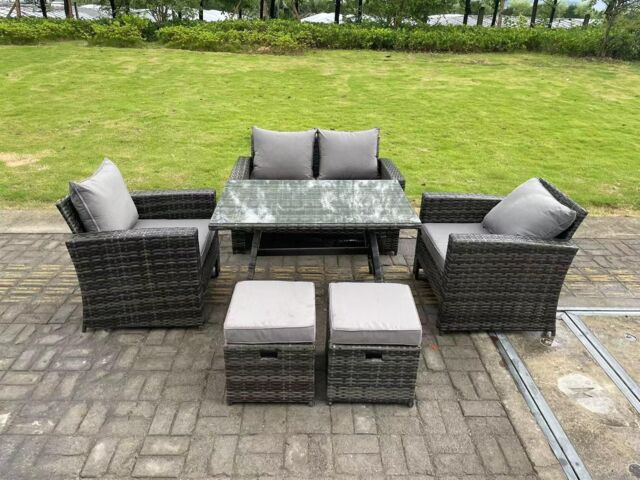 Fimous 6 Seater Outdoor Dark Grey Mixed High Back Rattan Sofa Dining Table Set Garden Furniture 2 Stools