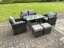 Fimous 6 Seater Outdoor Dark Grey Mixed High Back Rattan Sofa Dining Table Set Garden Furniture 2 Stools - thumbnail 3