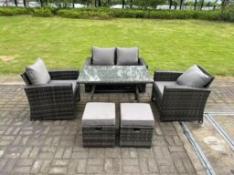 Fimous 6 Seater Outdoor Dark Grey Mixed High Back Rattan Sofa Dining Table Set Garden Furniture 2 Stools