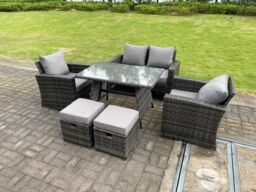 Fimous 6 Seater Outdoor Dark Grey Mixed High Back Rattan Sofa Dining Table Set Garden Furniture 2 Stools - thumbnail 2