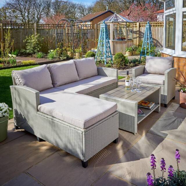 Home Source Trapani 4 Piece Garden Patio Furniture Set Corner Sofa Table Chair in Grey - image 1