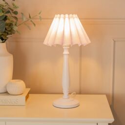 ValueLights Victoria White Wood Candlestick Stem Table Lamp with Scallop Tapered Lamp Shade in Lilac