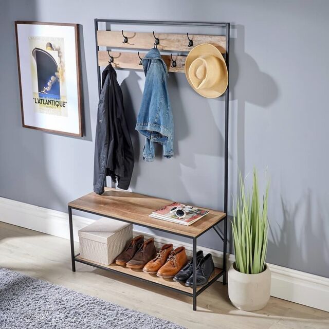 Home Source Hallway Coat Rack Storage Bench Open Shoe Storage Shelf Oak Finish in Light Tan - image 1