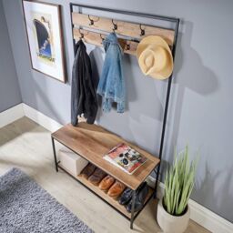 Home Source Hallway Coat Rack Storage Bench Open Shoe Storage Shelf Oak Finish in Light Tan - thumbnail 6