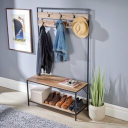 Home Source Hallway Coat Rack Storage Bench Open Shoe Storage Shelf Oak Finish in Light Tan - thumbnail 1