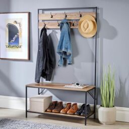 Home Source Hallway Coat Rack Storage Bench Open Shoe Storage Shelf Oak Finish in Light Tan - thumbnail 7
