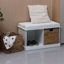 Home Source Hallway Storage Bench 2 Woven Drawer Padded Cushioned Top Wooden Frame in White - thumbnail 2