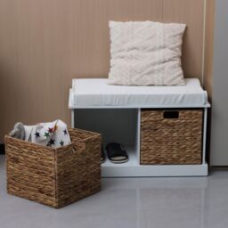 Home Source Hallway Storage Bench 2 Woven Drawer Padded Cushioned Top Wooden Frame in White - thumbnail 3