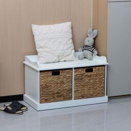 Home Source Hallway Storage Bench 2 Woven Drawer Padded Cushioned Top Wooden Frame in White - thumbnail 4