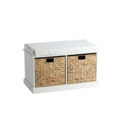 Home Source Hallway Storage Bench 2 Woven Drawer Padded Cushioned Top Wooden Frame in White - thumbnail 6