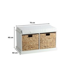 Home Source Hallway Storage Bench 2 Woven Drawer Padded Cushioned Top Wooden Frame in White - thumbnail 9