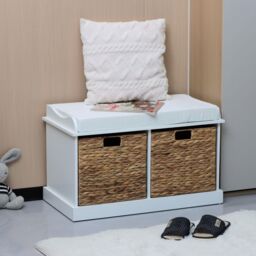 Home Source Hallway Storage Bench 2 Woven Drawer Padded Cushioned Top Wooden Frame in White