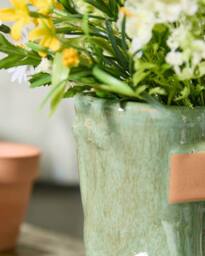 "Dibor Small Green Ceramic Boots Flower Planter with ""Happy Anniversary"" Engraved Plaque Gardening Gift H10 x W12cm" - thumbnail 3