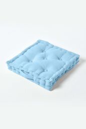 Homescapes Plain Cotton Floor Cushion in Blue - Size: 50 cm x 50 cm