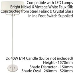 Loops 1.5m Twin Floor Lamp Bright Nickel Shade 2 Bulb Standing Living Room Light Base in Metallics - thumbnail 2