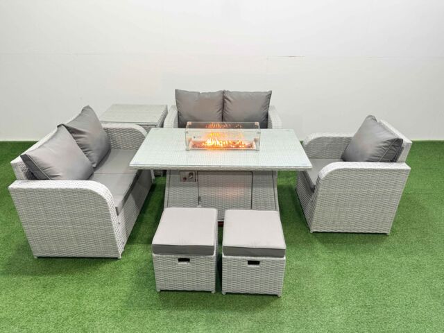 Fimous High Back Poly Rattan Garden Furniture Set w/ Reclining Chair Loveseat Sofa Firepit Dining Table Indoor Outdoor Patio Set 2 Stool Side Table - image 1