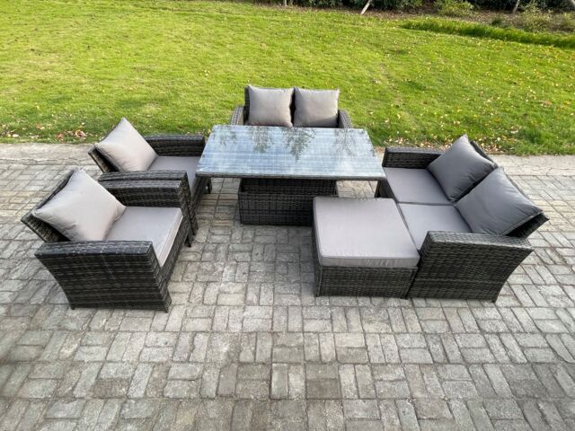 Fimous Rattan Garden Furniture Sets 7 Seater Patio Outdoor Rising Lifting Table Sofa Set with Double Seat Sofa Big Footstool in Dark Grey