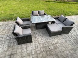 Fimous Rattan Garden Furniture Sets 7 Seater Patio Outdoor Rising Lifting Table Sofa Set with Double Seat Sofa Big Footstool in Dark Grey - thumbnail 2