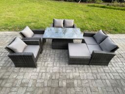 Fimous Rattan Garden Furniture Sets 7 Seater Patio Outdoor Rising Lifting Table Sofa Set with Double Seat Sofa Big Footstool in Dark Grey - thumbnail 1
