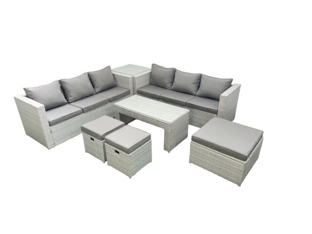 Fimous 9 Seater Garden Outdoor Rattan Furniture Set Rattan Garden Sofa Oblong Coffee Table with 3 Footstools Side Table Light Grey Mixed - image 1