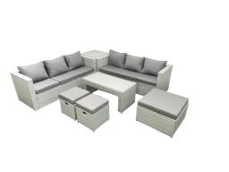 Fimous 9 Seater Garden Outdoor Rattan Furniture Set Rattan Garden Sofa Oblong Coffee Table with 3 Footstools Side Table Light Grey Mixed - thumbnail 2