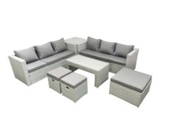 Fimous 9 Seater Garden Outdoor Rattan Furniture Set Rattan Garden Sofa Oblong Coffee Table with 3 Footstools Side Table Light Grey Mixed - thumbnail 1