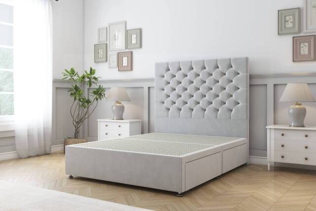 "Sloomy Mayfair Plush Divan Bed Base 2 Drawers Same Side - 54"" Headboard in Silver - Size: King" - image 1