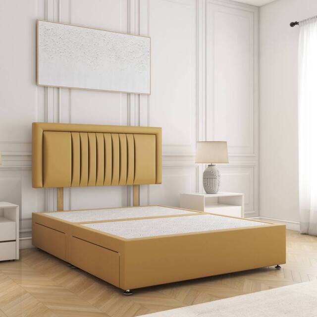 "BSSPOKE Canes Divan Bed Plush 24"" Headboard 2Drawers Same Side & No Mattress in Mustard - Size: Small Double" - image 1