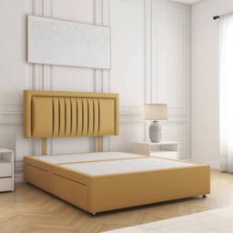 "BSSPOKE Canes Divan Bed Plush 24"" Headboard 2Drawers Same Side & No Mattress in Mustard - Size: Small Double"