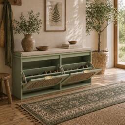 Wyld Haus Rika Light Green Boho Shoe Bench Cushioned Seat & 2 Flip Drawers