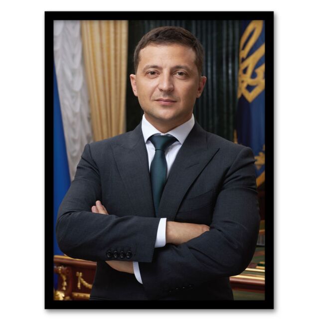 "Artery8 Ukraine President Volodymyr Zelensky Official Portrait Framed Wall Art in Dark Blue - Size: W12"" x H16""" - image 1