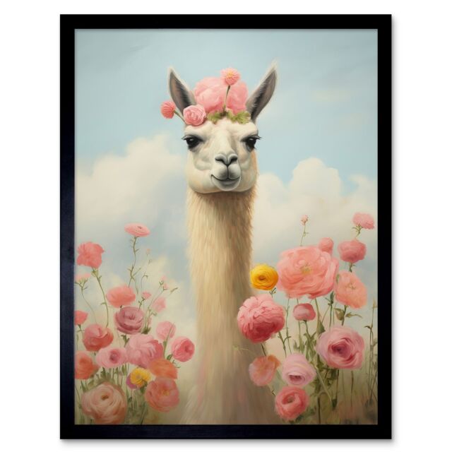 "Artery8 Wall Art Print Llama & Peonies Pink Elegant Artwork Kids Bedroom Floral Portrait with Roses Art Framed in Black - Size: W12"" x H16""" - image 1