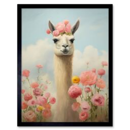 "Artery8 Wall Art Print Llama & Peonies Pink Elegant Artwork Kids Bedroom Floral Portrait with Roses Art Framed in Black - Size: W12"" x H16""" - thumbnail 1