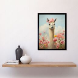 "Artery8 Wall Art Print Llama & Peonies Pink Elegant Artwork Kids Bedroom Floral Portrait with Roses Art Framed in Black - Size: W12"" x H16""" - thumbnail 2