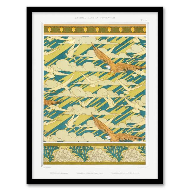 Artery8 Maurice Pillard Verneuil Framed Wall Art Eagles Doves & Sea Shell Patterns in Green - Size: A4 - image 1