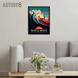 "Artery8 Seaside Calls Myrtle Beach USA Travel Ad Framed Canvas Wall Art Print in Blue - Size: W12"" x H16""" - thumbnail 3