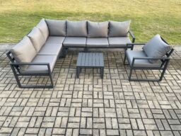 Fimous Aluminium Garden Furniture Set Outdoor Lounge Corner Sofa Chair Square Coffee Table Sets Dark Grey 7 Seater - thumbnail 1