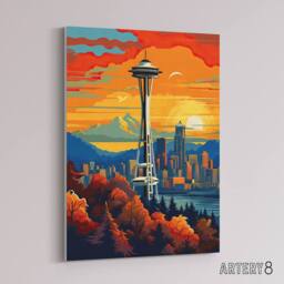 "Artery8 Seattle Washington Space Needle Canvas Wall Art Print in Orange - Size: W18"" x H24""" - thumbnail 2