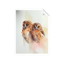 "Warren Reed - Designer Loving Tawny Owls Watercolour Unframed Art Print - Size: W16"" x H24""" - thumbnail 2