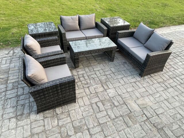 Fimous 6 Seater Dark Grey Mixed High Back Rattan Sofa Set Coffee Table Garden Furniture Outdoor Patio With Love Sofa Arm Chair