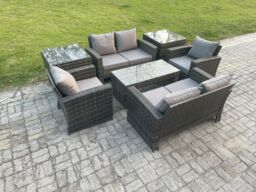 Fimous 6 Seater Dark Grey Mixed High Back Rattan Sofa Set Coffee Table Garden Furniture Outdoor Patio With Love Sofa Arm Chair - thumbnail 2