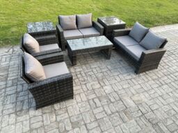 Fimous 6 Seater Dark Grey Mixed High Back Rattan Sofa Set Coffee Table Garden Furniture Outdoor Patio With Love Sofa Arm Chair - thumbnail 1