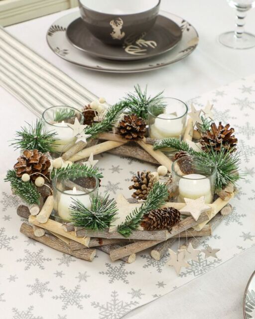 Dibor Nordic Wreath Tealight Xmas Table Decoration Centrepiece Christmas Décor Candle Holders 30cm in Natural - image 1