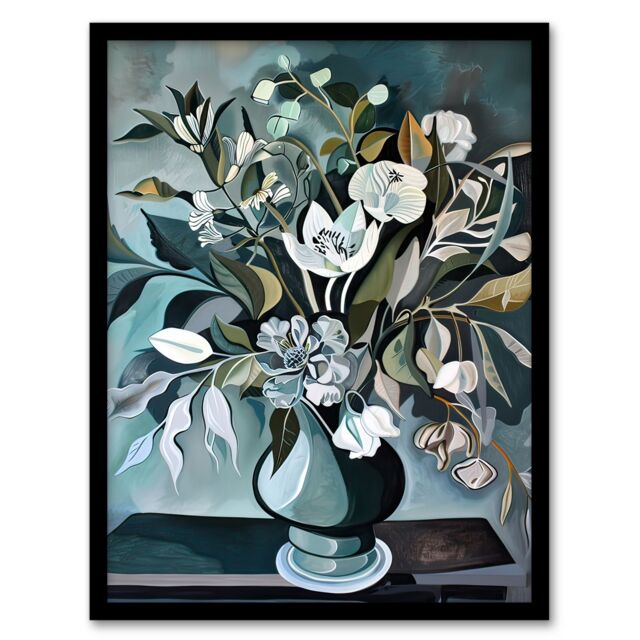 "Artery8 White Flower Bouquet Vase Still Life Painting Framed Art Print in Blue - Size: W12"" x H16""" - image 1